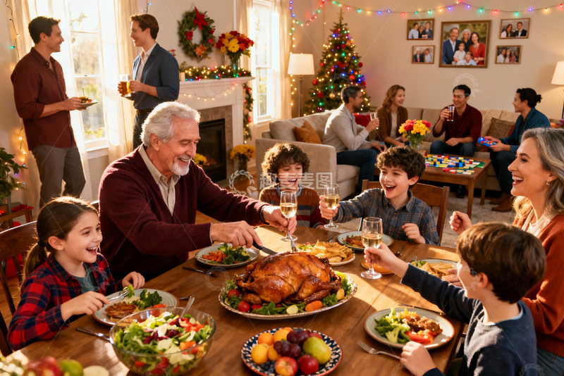 高清大图下载【趣麦麦图】圣诞家庭聚餐欢庆时刻