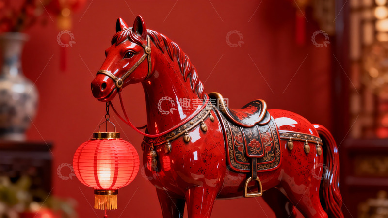 高清大图下载【趣麦麦图】红色马形摆件配红灯笼