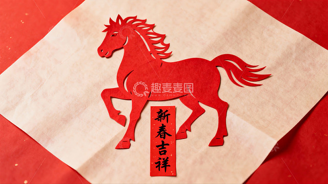 红色剪纸马新春祝福图案