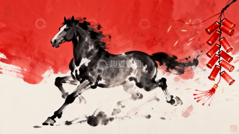 高清大图下载【趣麦麦图】奔腾骏马与红鞭炮