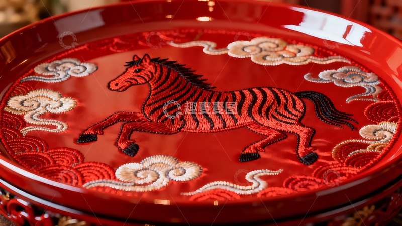 高清大图下载【趣麦麦图】红色盘子上的马纹刺绣艺术品