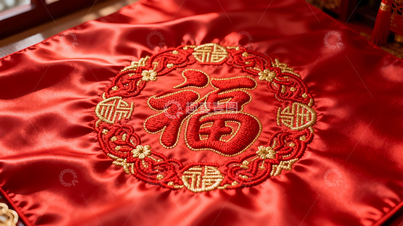 高清大图下载【趣麦麦图】红色布料上的金色福字刺绣特写