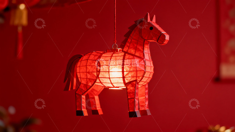 高清大图下载【趣麦麦图】红色马形灯笼悬挂于墙前