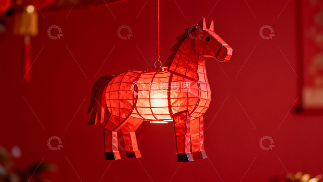 红色马形灯笼悬挂于墙前