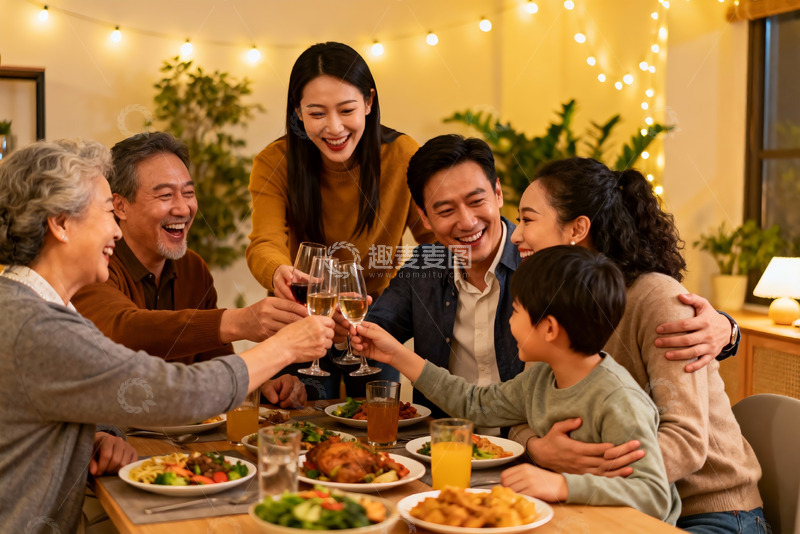 高清大图下载【趣麦麦图】温馨家庭聚餐举杯欢庆