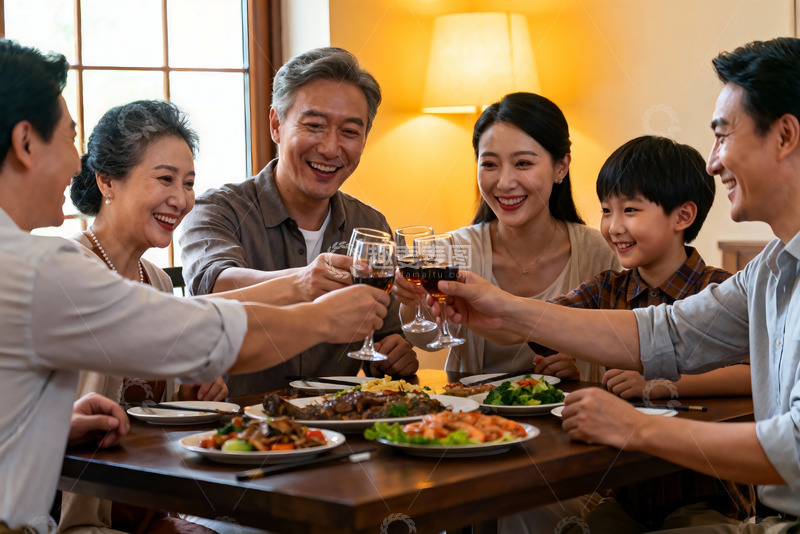 高清大图下载【趣麦麦图】三代同堂家庭聚餐举杯欢庆