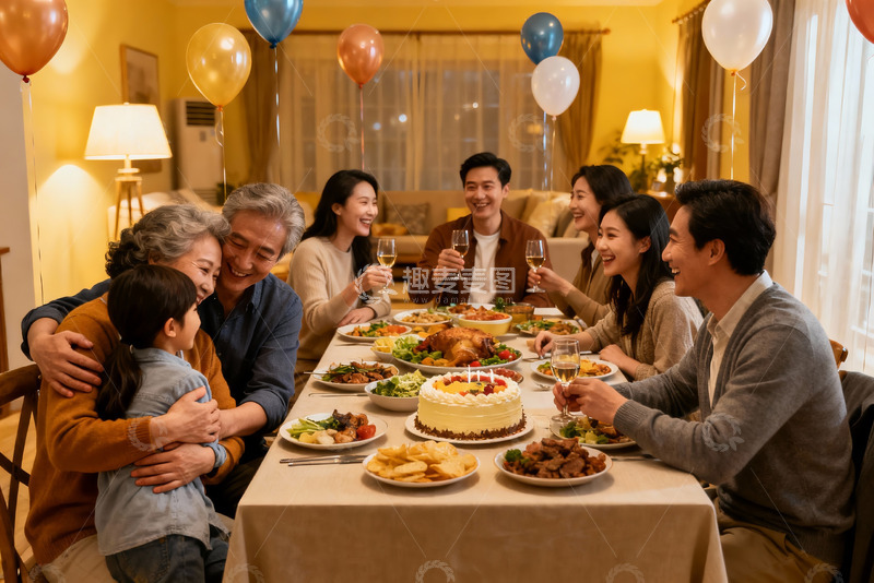 高清大图下载【趣麦麦图】家庭聚餐欢庆生日温馨场景