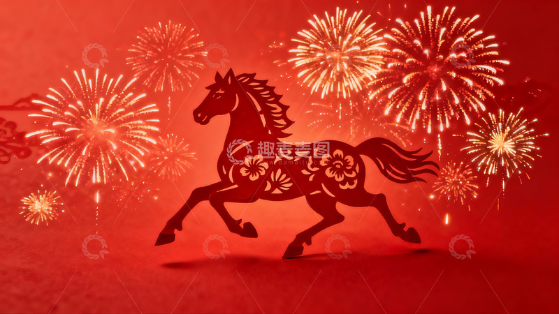 高清大图下载【趣麦麦图】红色背景下的剪纸马与烟花
