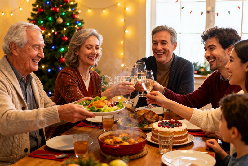 高清大图下载【趣麦麦图】圣诞家庭聚餐举杯欢庆