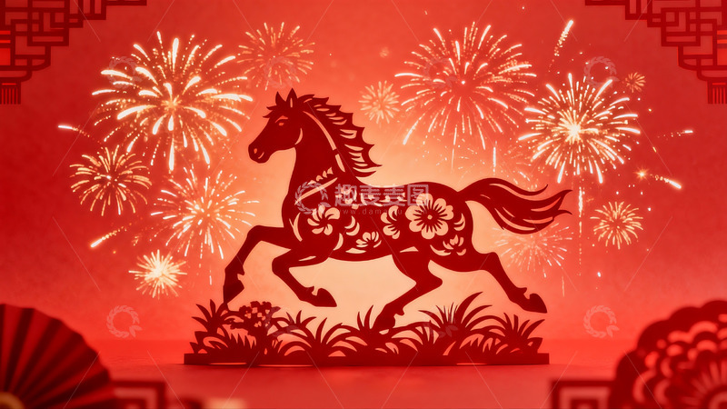 高清大图下载【趣麦麦图】红色剪纸马烟花背景图