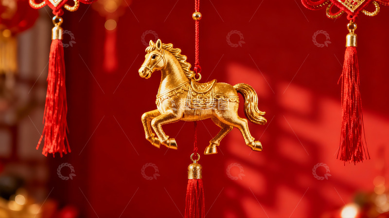 高清大图下载【趣麦麦图】金色马形挂饰红色背景