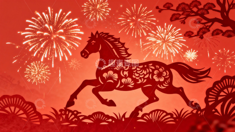 高清大图下载【趣麦麦图】红色剪纸马与烟花夜景