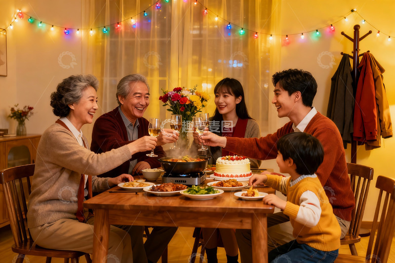 高清大图下载【趣麦麦图】温馨家庭聚餐举杯欢庆