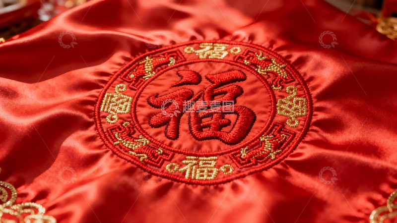 高清大图下载【趣麦麦图】红色布料上的金色福字刺绣特写