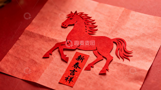 红色剪纸马新春祝福