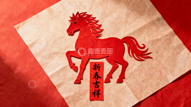 红色剪纸马新春祝福图案
