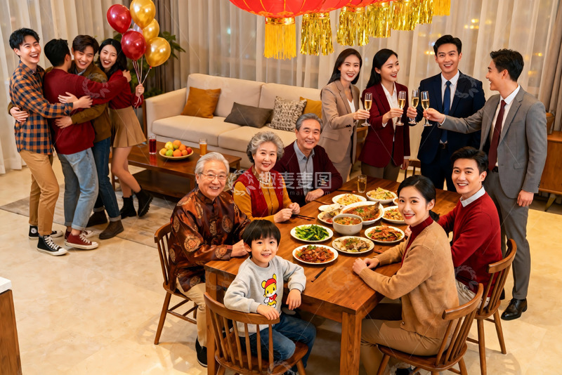 高清大图下载【趣麦麦图】家庭聚餐欢庆团圆时刻