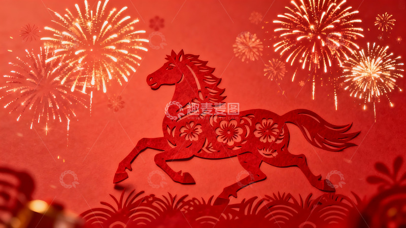 高清大图下载【趣麦麦图】红色剪纸马与烟花庆祝图案