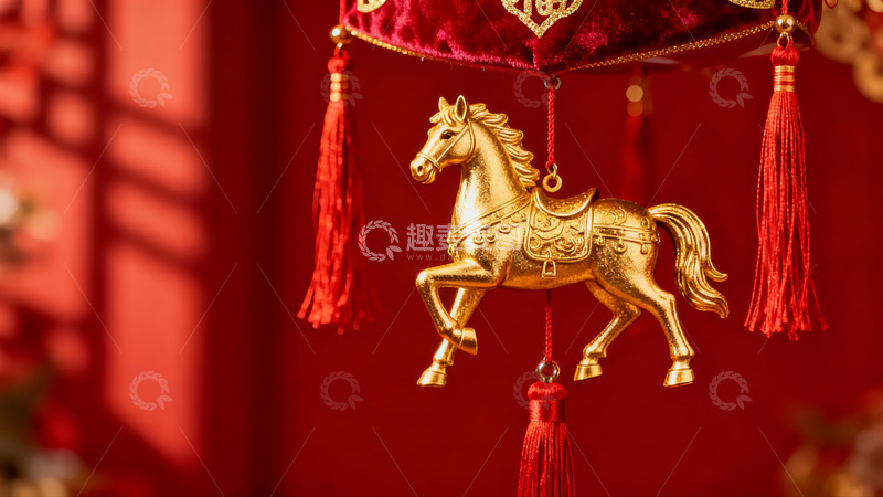 高清大图下载【趣麦麦图】金色马形挂饰红色背景