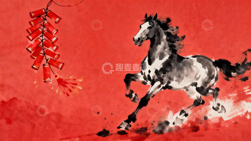 高清大图下载【趣麦麦图】水墨奔马与红鞭炮