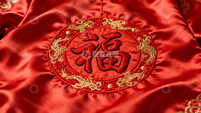 红色织物上的金色福字刺绣特写