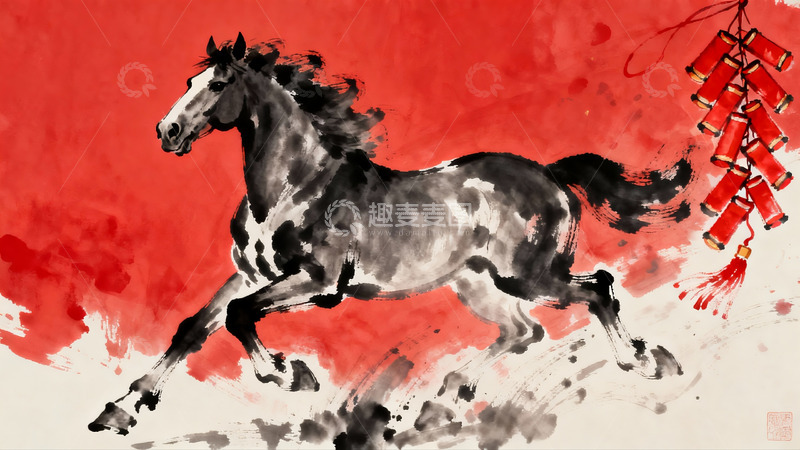 高清大图下载【趣麦麦图】奔腾骏马与红鞭炮水墨画