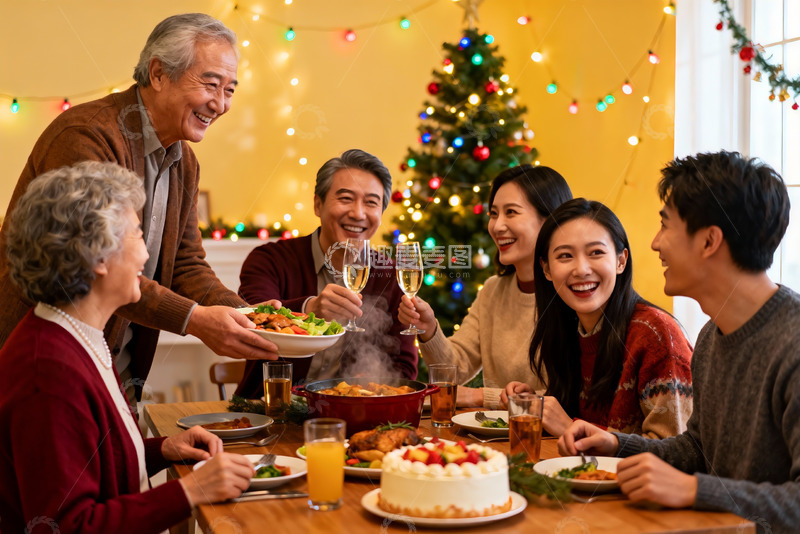 高清大图下载【趣麦麦图】圣诞家庭聚餐温馨场景