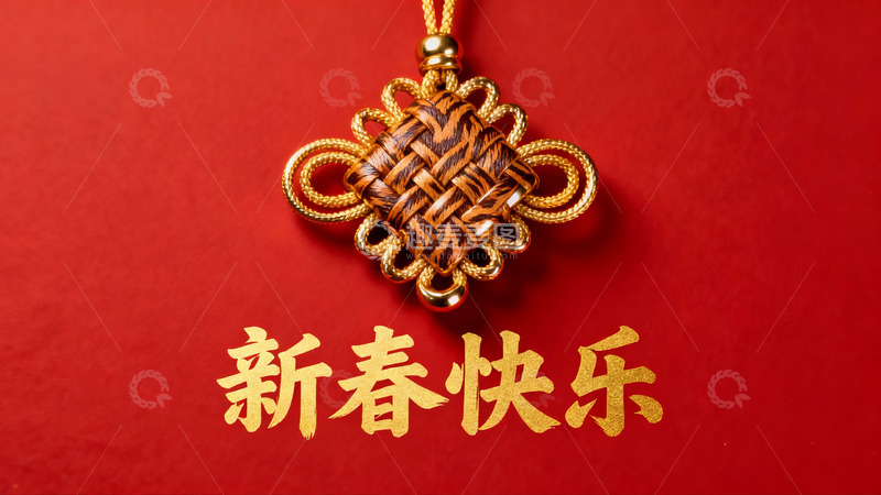 高清大图下载【趣麦麦图】红色背景上的新春结挂饰