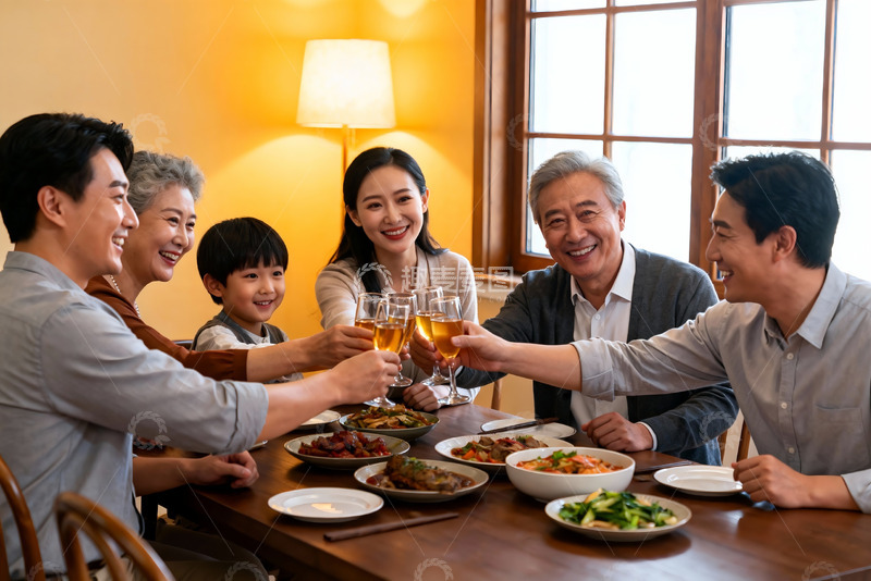 高清大图下载【趣麦麦图】三代同堂家庭聚餐举杯欢庆