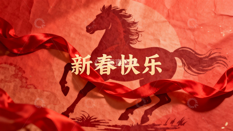 高清大图下载【趣麦麦图】新春骏马红绸贺岁图