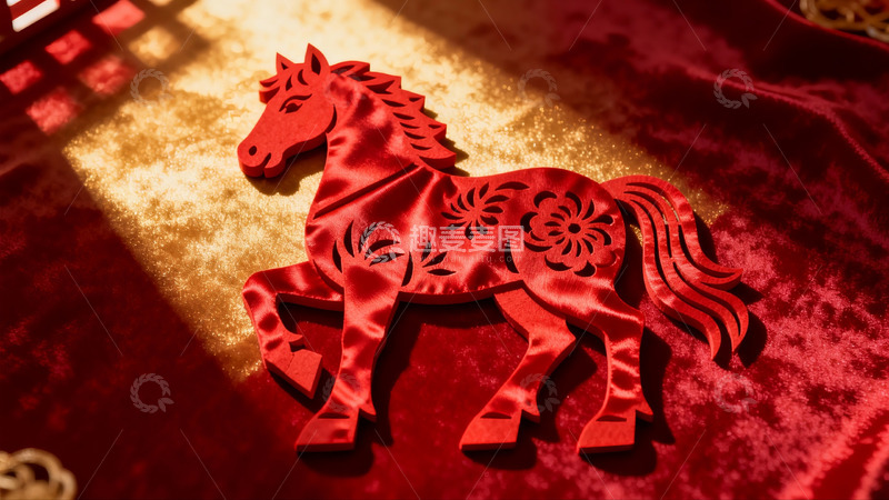 高清大图下载【趣麦麦图】红色剪纸马装饰品特写