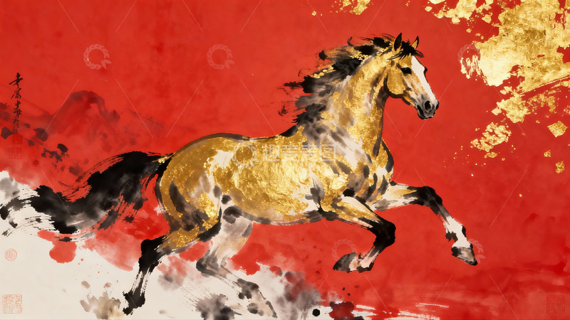 高清大图下载【趣麦麦图】金色骏马奔腾于红背景之上