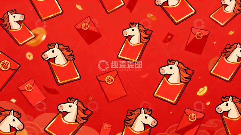 高清大图下载【趣麦麦图】红色背景马年红包图案