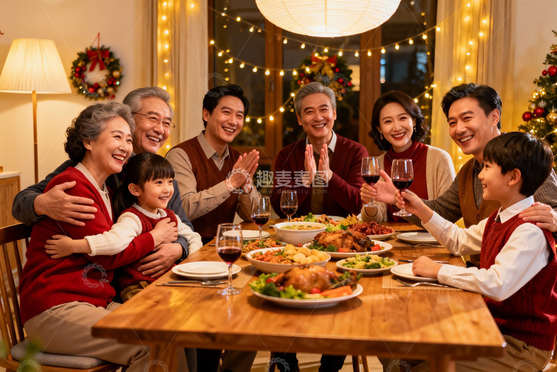 高清大图下载【趣麦麦图】温馨家庭圣诞聚餐场景