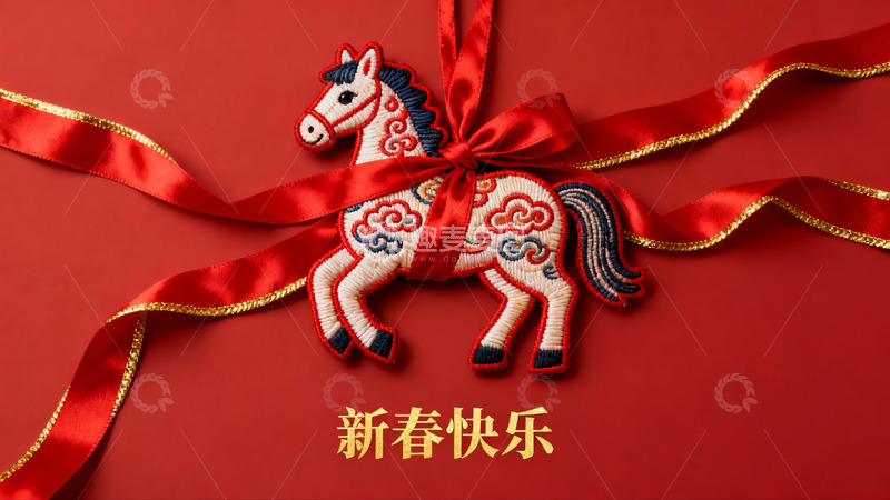 高清大图下载【趣麦麦图】红色背景上的刺绣马装饰
