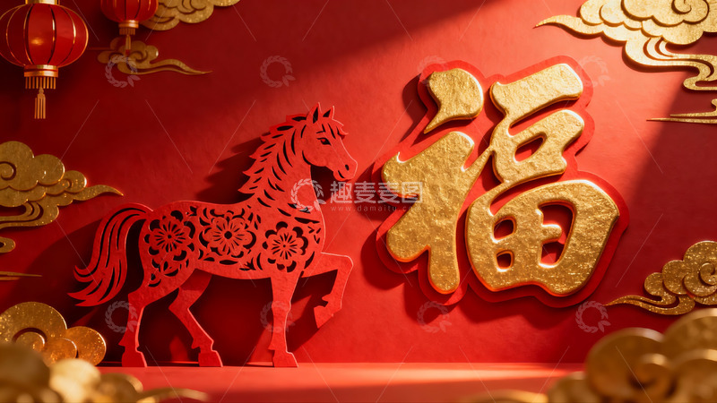 高清大图下载【趣麦麦图】红色背景剪纸马与福字装饰