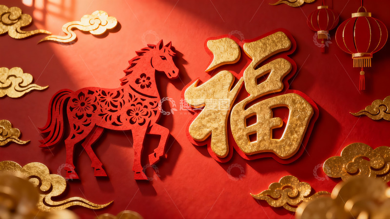 高清大图下载【趣麦麦图】红色背景剪纸马与福字装饰