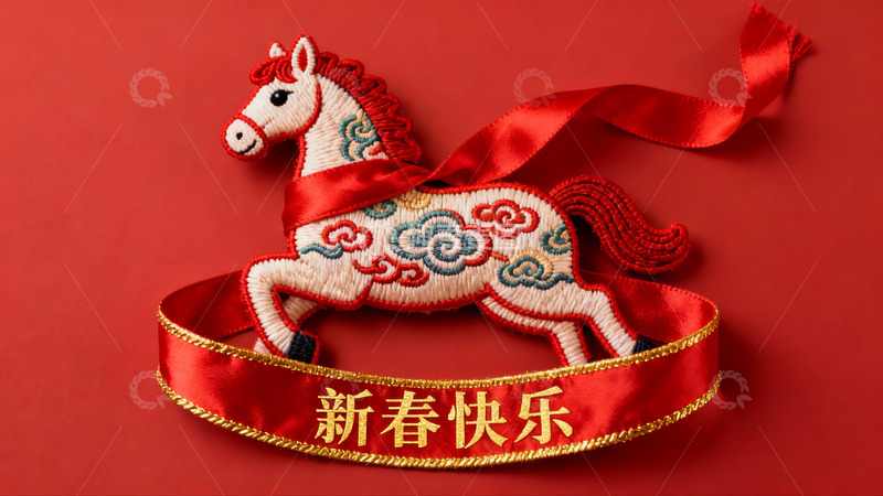 高清大图下载【趣麦麦图】红色背景上的刺绣马装饰品