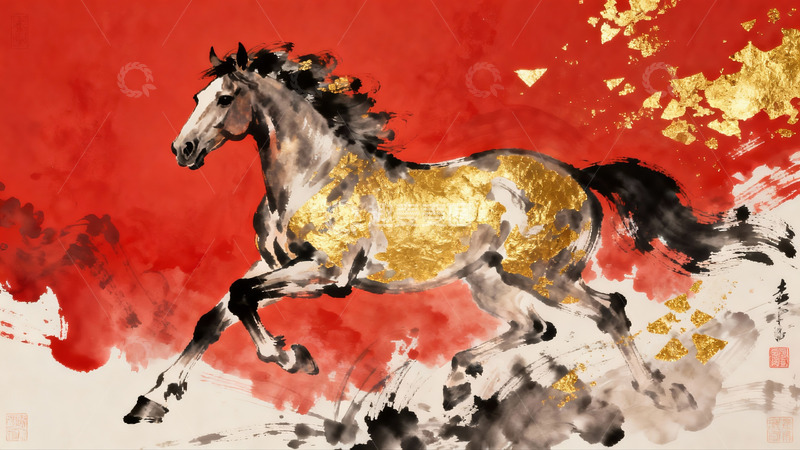 高清大图下载【趣麦麦图】奔腾骏马水墨画