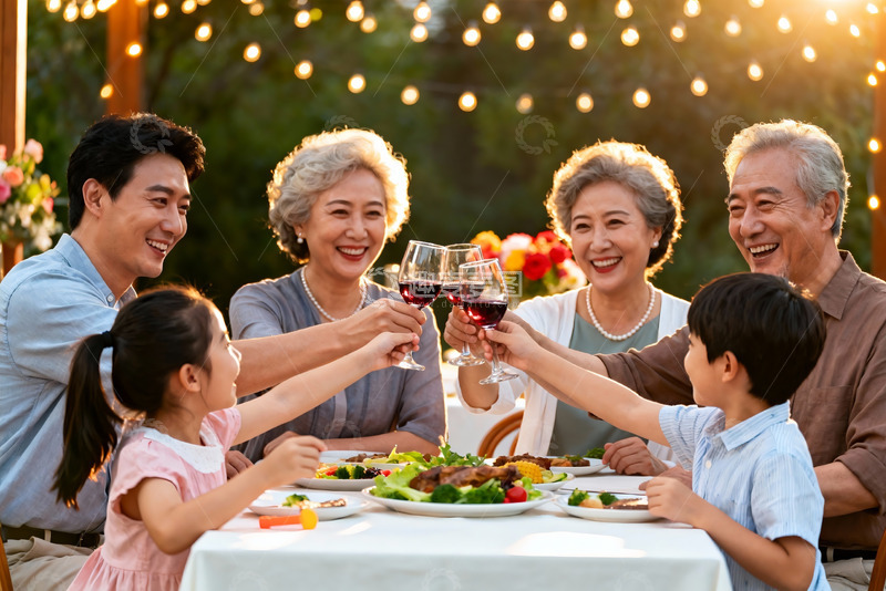 高清大图下载【趣麦麦图】三代同堂户外聚餐举杯欢庆