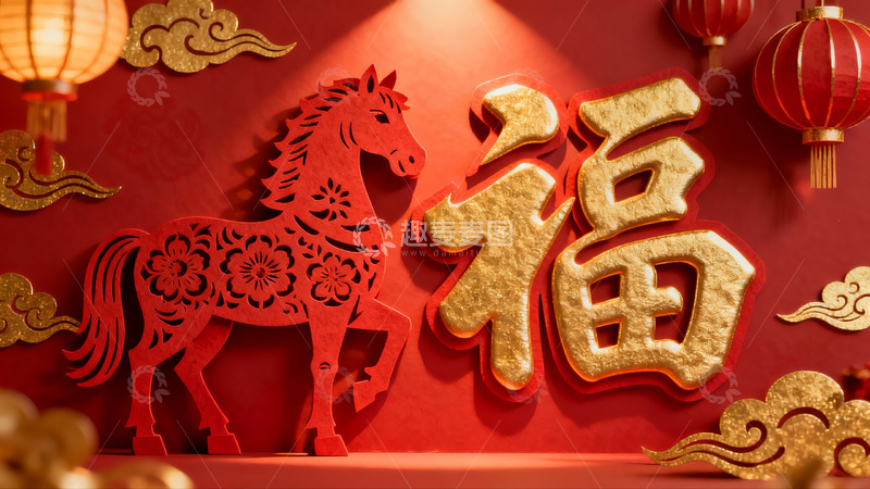 高清大图下载【趣麦麦图】春节红色剪纸马与福字装饰
