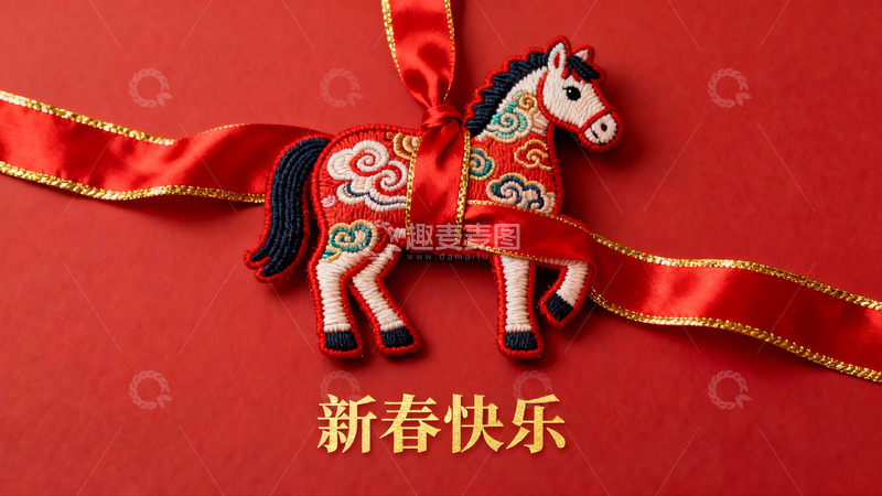 高清大图下载【趣麦麦图】红色背景上的刺绣马挂饰