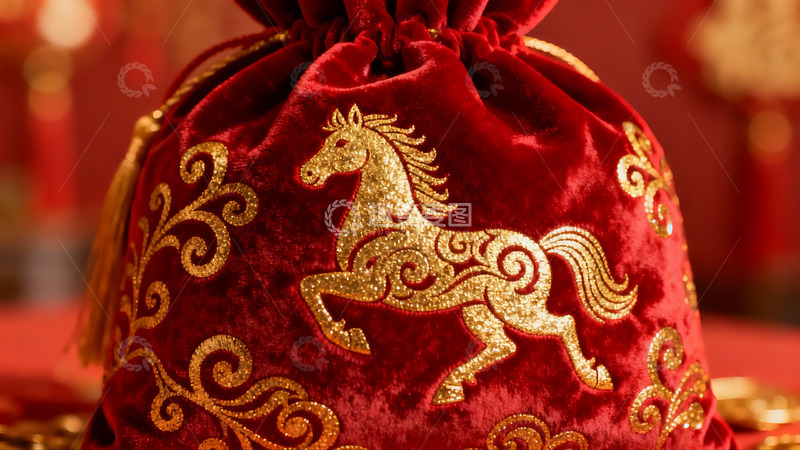 高清大图下载【趣麦麦图】红色布袋金色马纹装饰