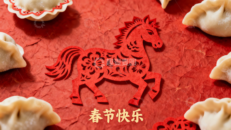 高清大图下载【趣麦麦图】春节剪纸马与饺子
