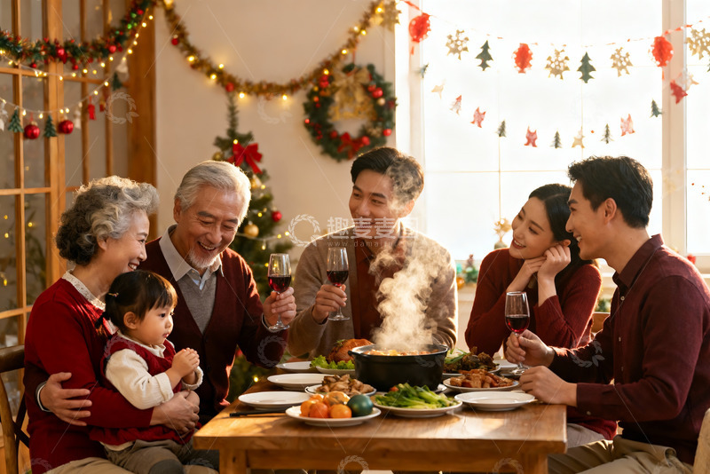 高清大图下载【趣麦麦图】圣诞家庭聚餐温馨场景
