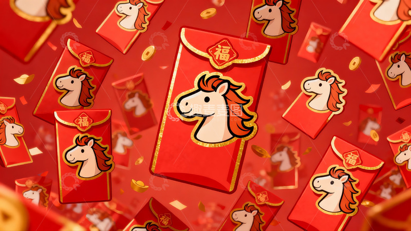 高清大图下载【趣麦麦图】红色红包与马年图案装饰