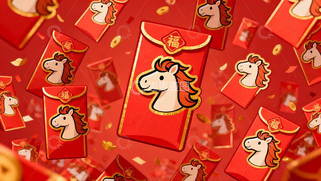 红色红包与马年图案装饰