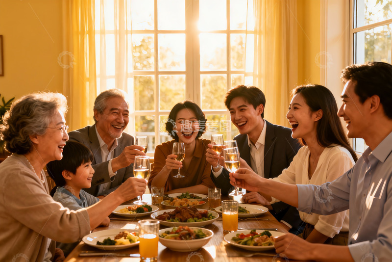 高清大图下载【趣麦麦图】三代同堂家庭聚餐举杯欢庆