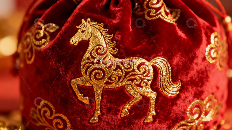 高清大图下载【趣麦麦图】红色布袋金色马纹装饰