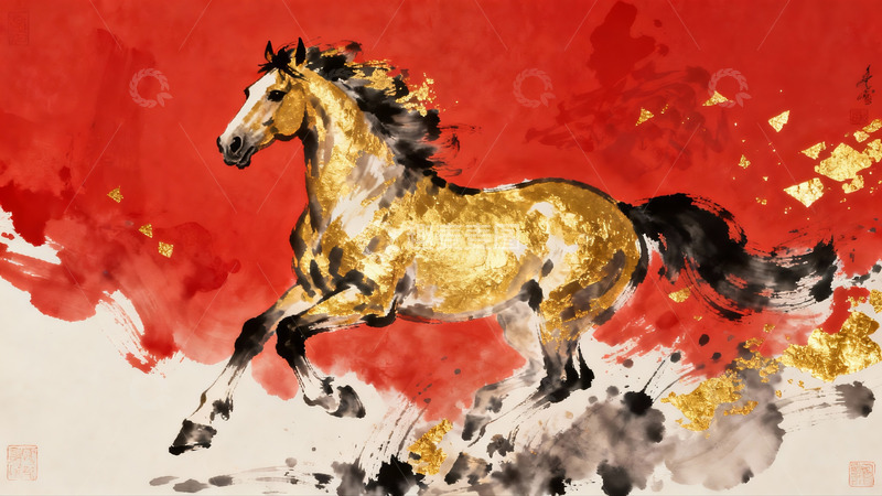 高清大图下载【趣麦麦图】金色骏马奔腾于红背景之上